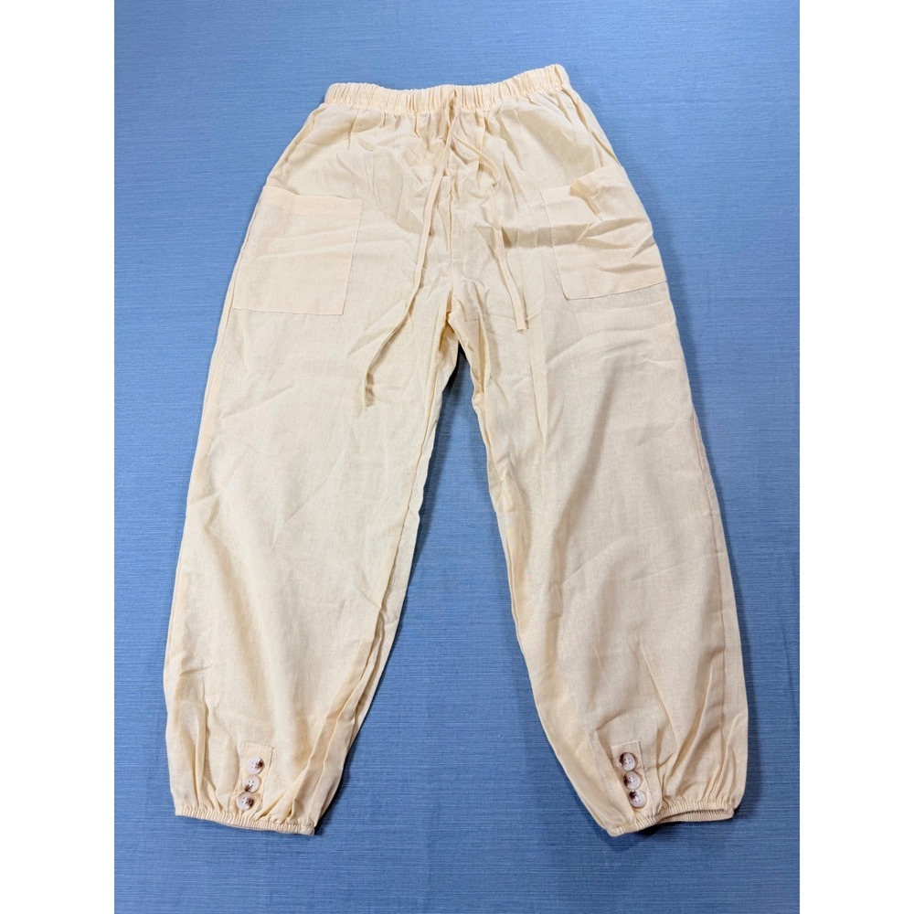 Womens Cream Drawstring Joggers Elastic Waist Button Ankle Tapered Pants L